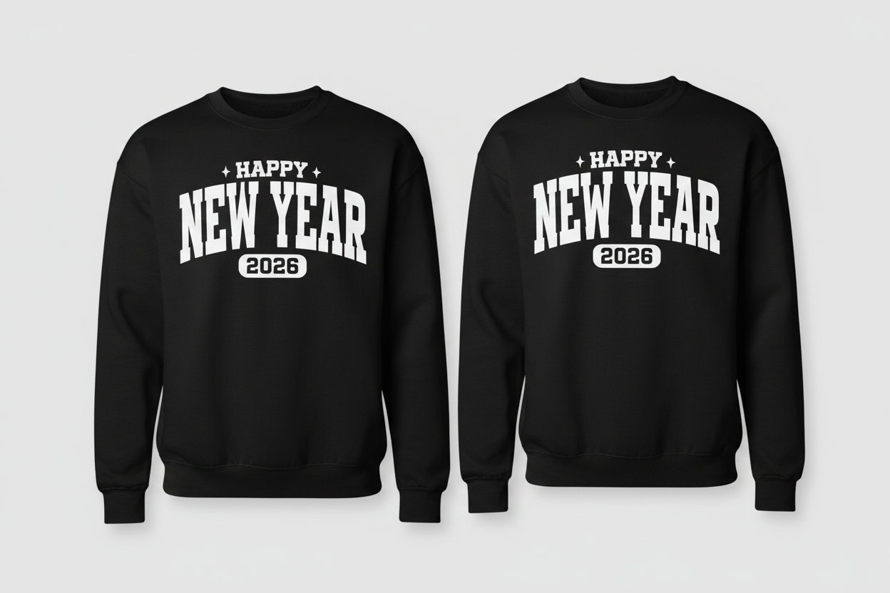 Two people wearing black 'Happy New Year 2026' sweatshirts against a white background