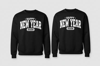 Two people wearing black 'Happy New Year 2026' sweatshirts against a white background