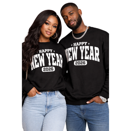 Two people wearing black 'Happy New Year 2026' sweatshirts on a white background